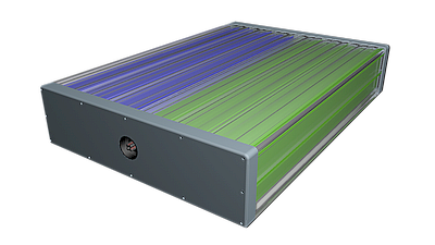 Wechselakku-Modul: Aluminium-Gehäuse mit innenliegenden Zelleinheiten und zentralen Strombuchsen, als Beispiel, mittig, an den Stirnseiten.